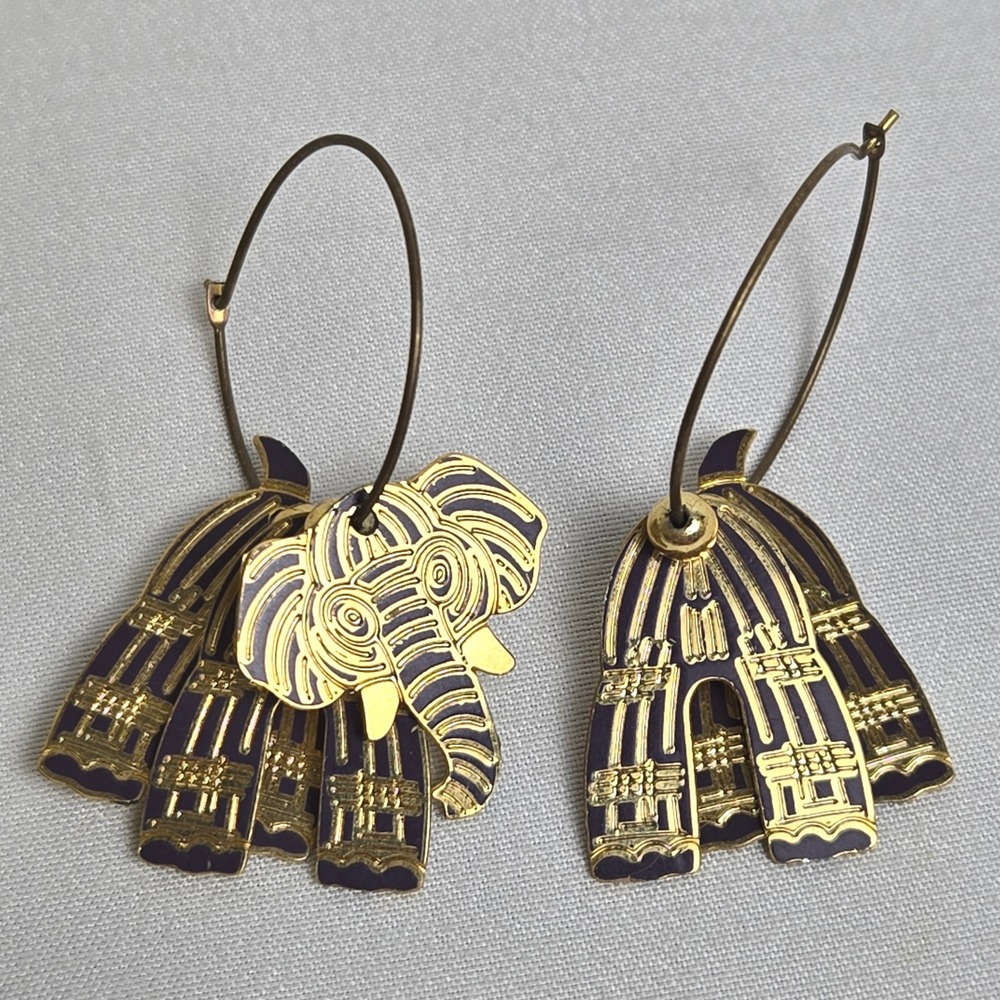 Edgar Berebi Elephant Hoop Earrings Gold Tone Black Vintage Flawed READ